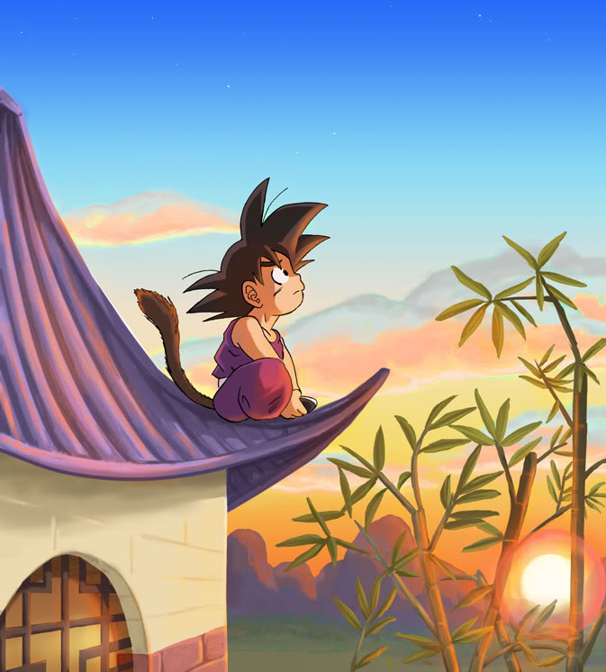 Ảnh đẹp Son Goku ngồi trên mái nhà ngắm bình minh