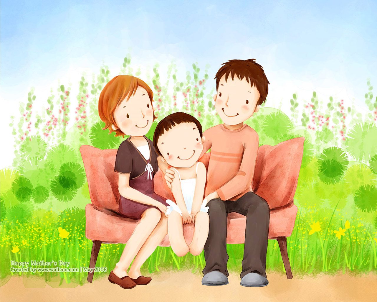 Hình vẽ đẹp về gia đình - cha mẹ và con gái bên nhau