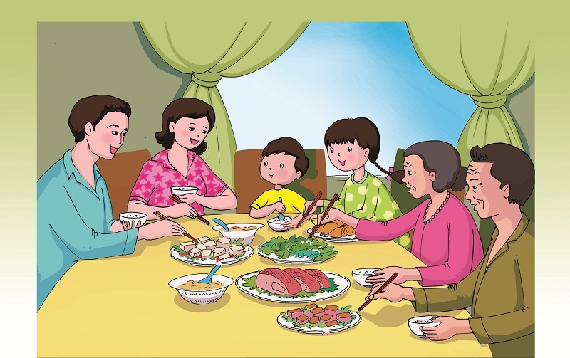Hình vẽ gia đình đẹp - gia đình quây quần bên mâm cơm
