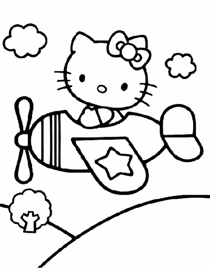 Hình hình ảnh mèo Hello Kitty đang được lái máy cất cánh giành tô màu sắc mang lại bé