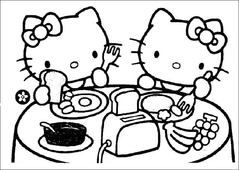 Mẫu tranh tô màu đôi bạn thân Hello Kitty chuẩn bị bữa ăn tối đẹp