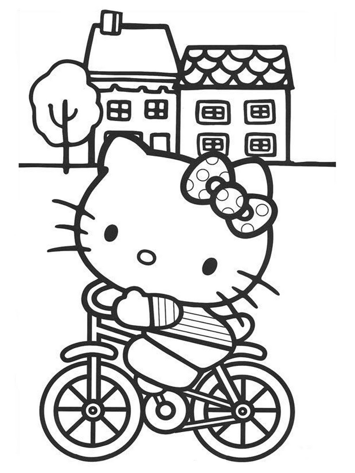 Mẫu tranh tô màu Hello Kitty chạy xe đạp đi dạo mát đẹp nhất