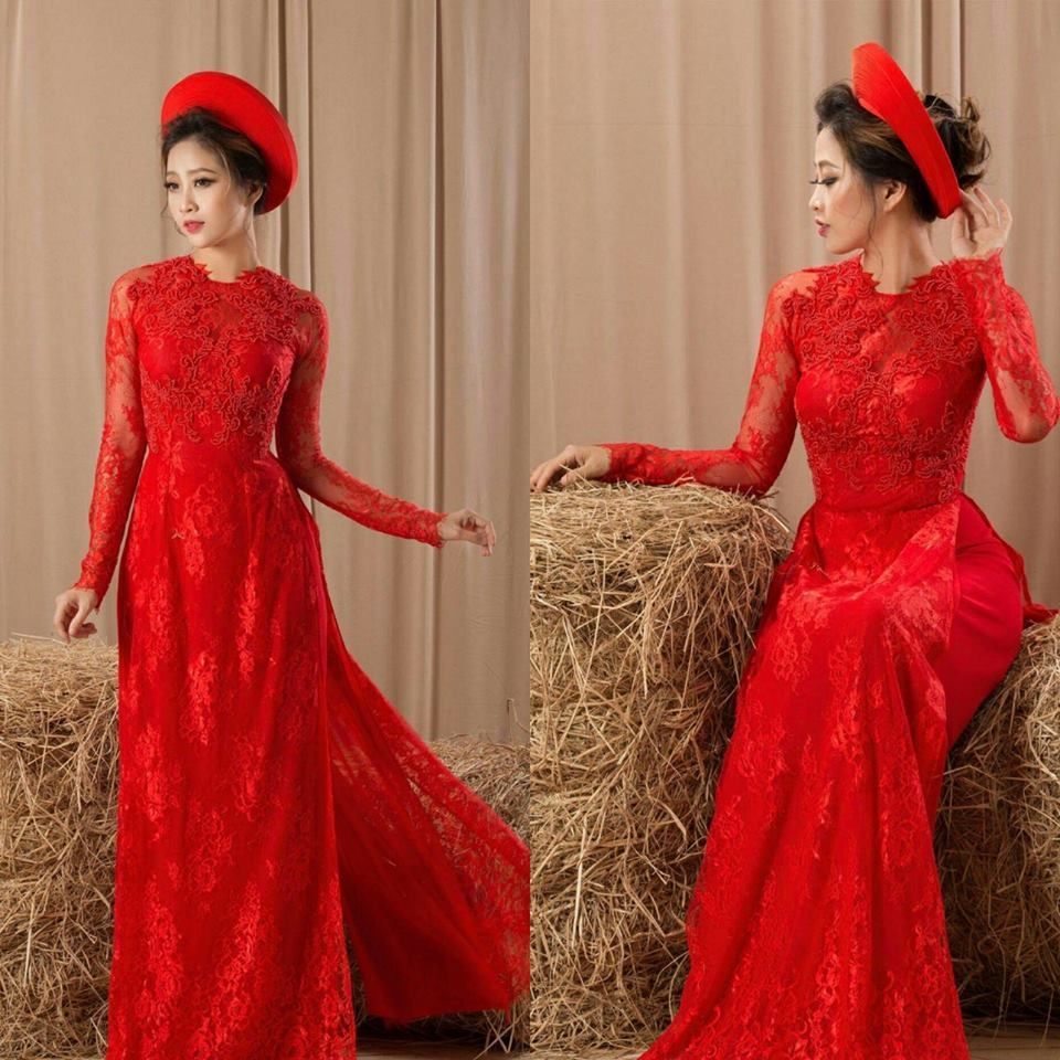 Áo dài cưới màu đỏ họa tiết ren