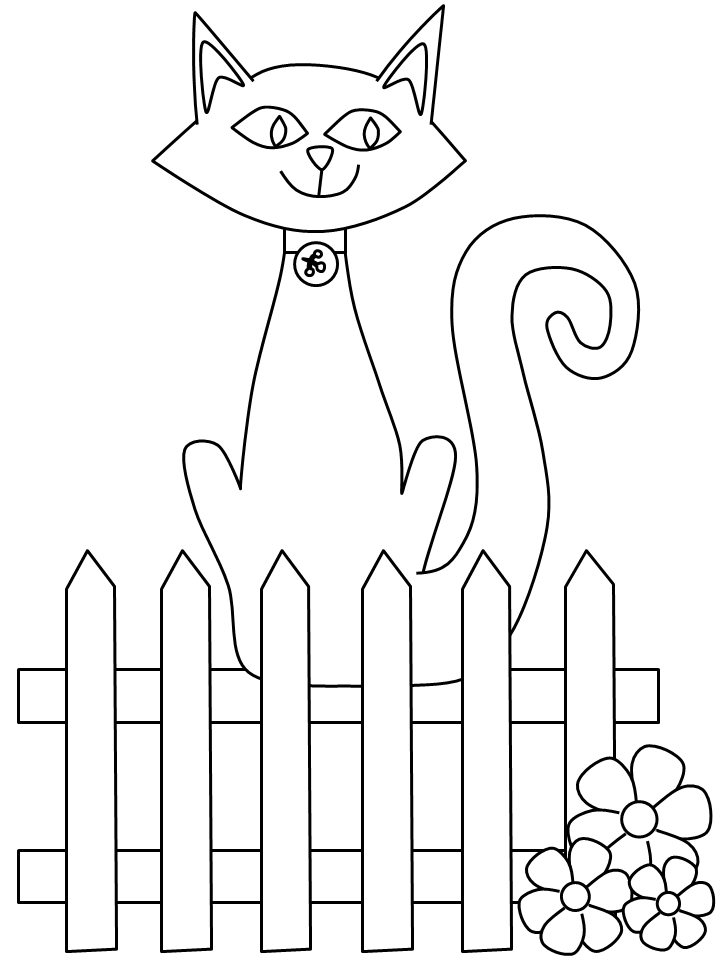 Tranh tô màu con mèo ngồi trên hàng rào