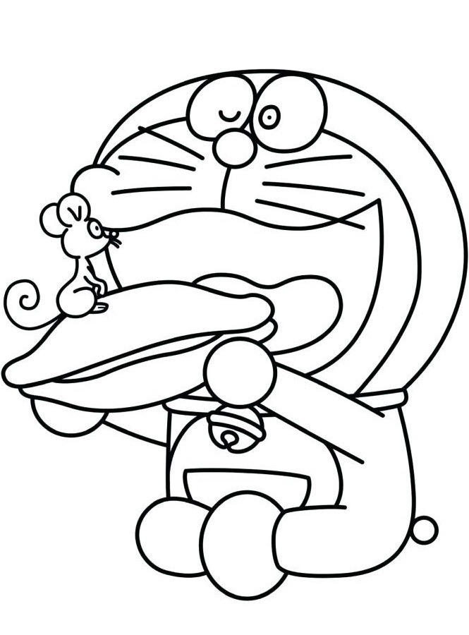Tranh tô màu Doremon với con chuột trên bánh