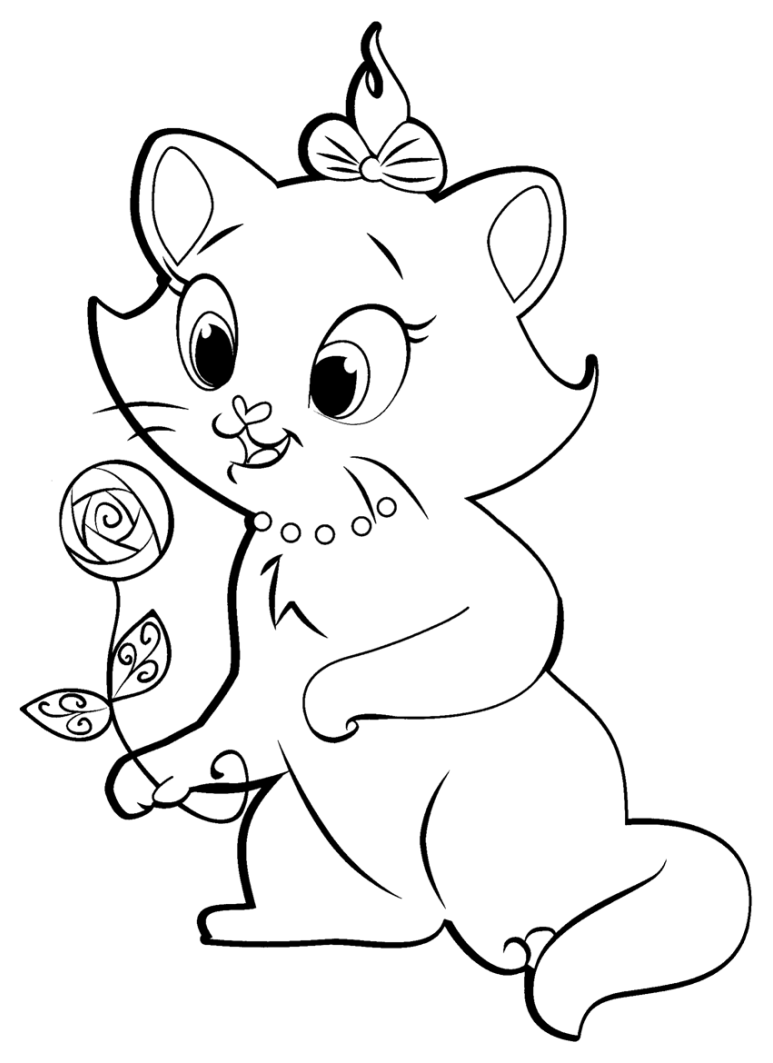 Tranh tô màu mèo cầm cành hoa