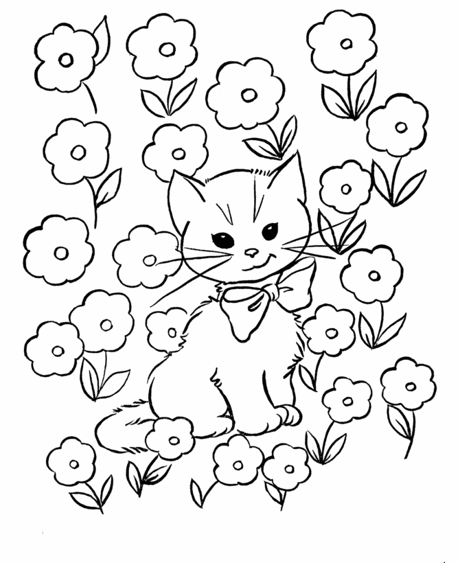 Tranh tô màu mèo con và vườn hoa