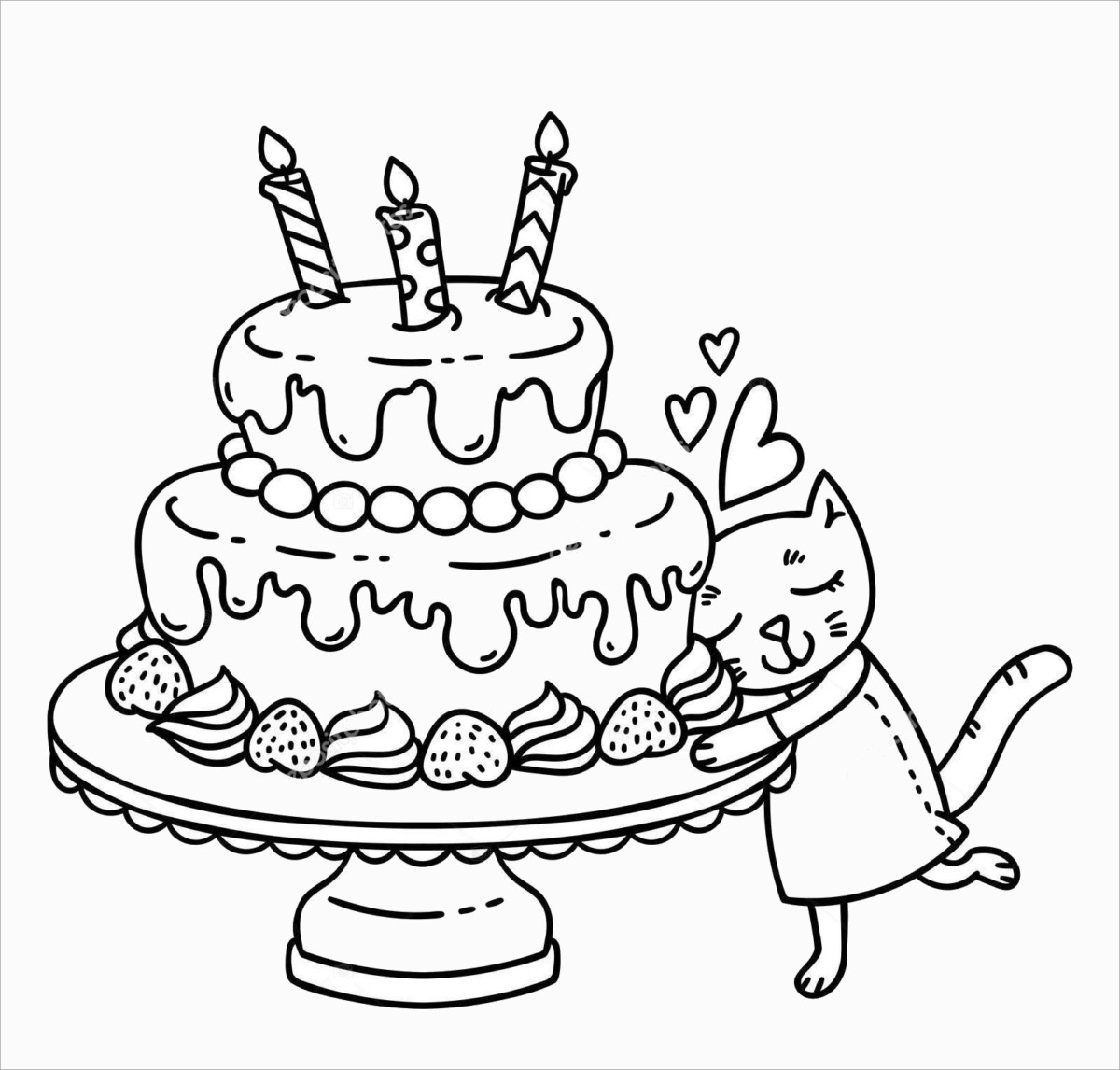 Tranh tô màu bánh sinh nhật và bé mèo