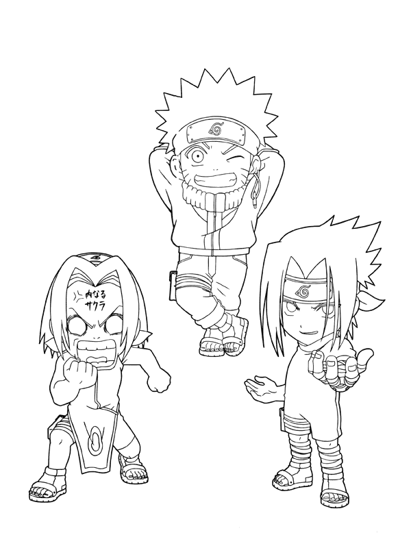Tranh tô màu bộ ba Naruto, Sasuke và Sakura lúc nhỏ