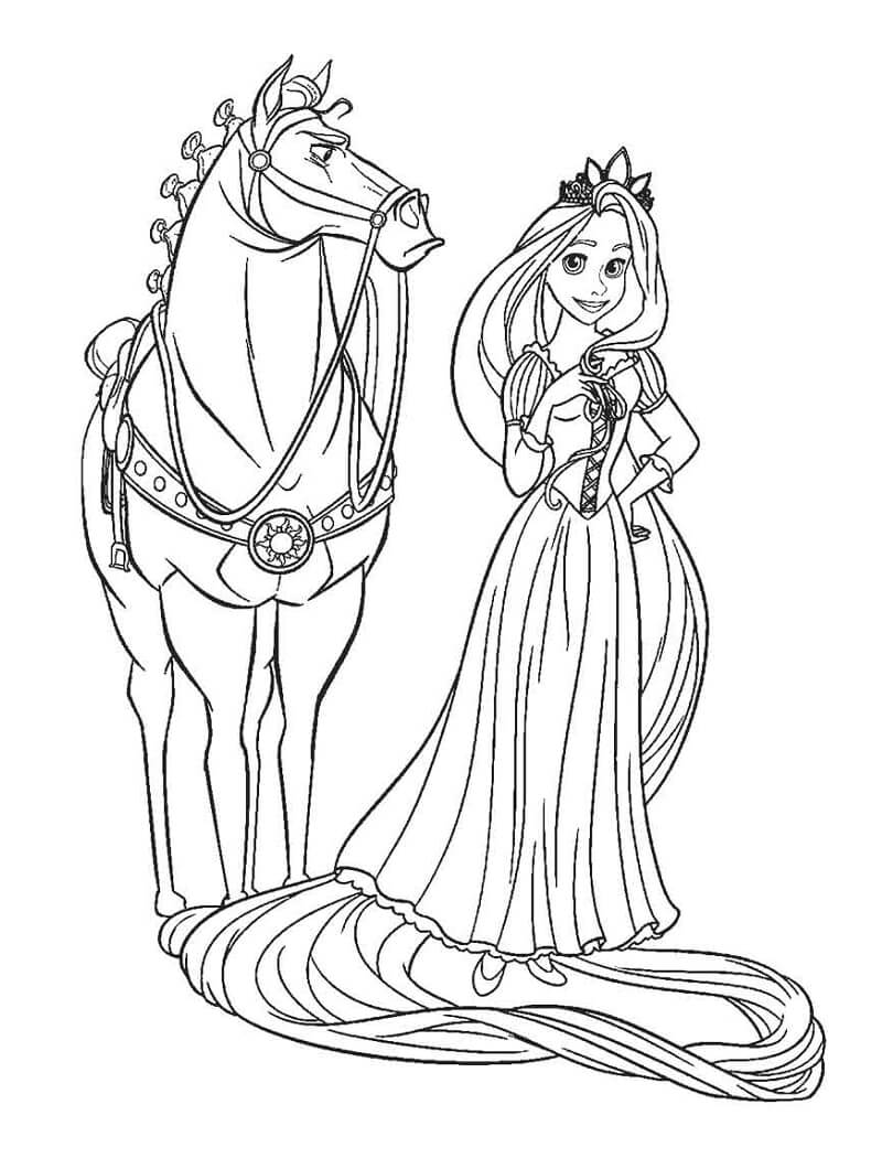 Tranh tô màu công chúa tóc mây và ngựa