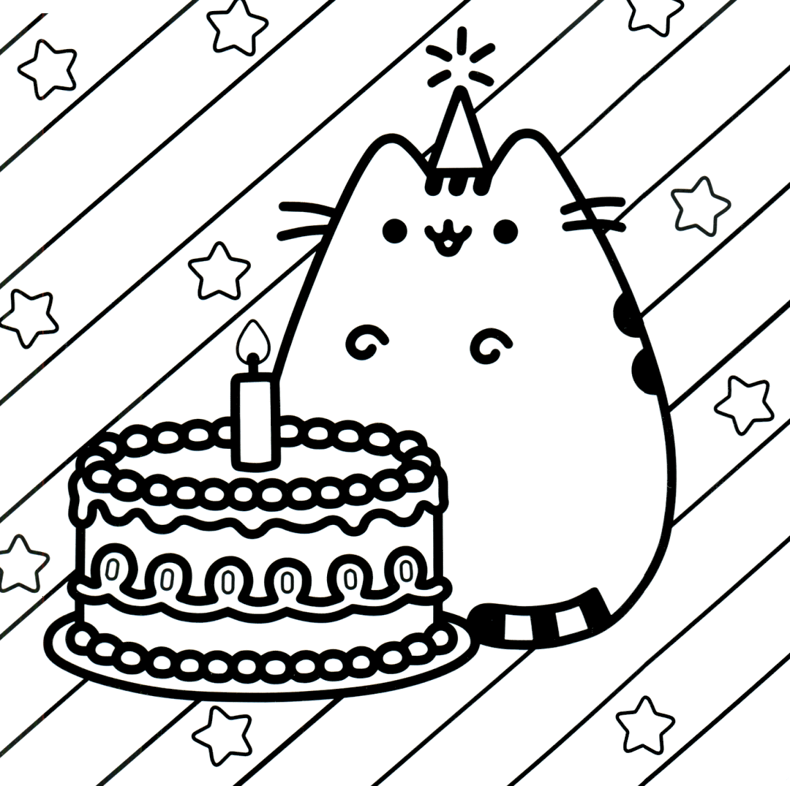 Tranh tô màu mèo ú và chiếc bánh sinh nhật
