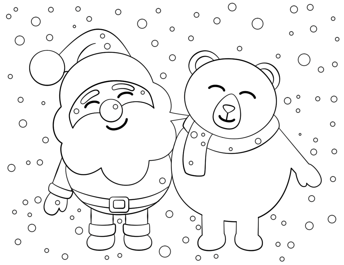 Tranh tô màu ông già Noel và chú gấu vui vẻ