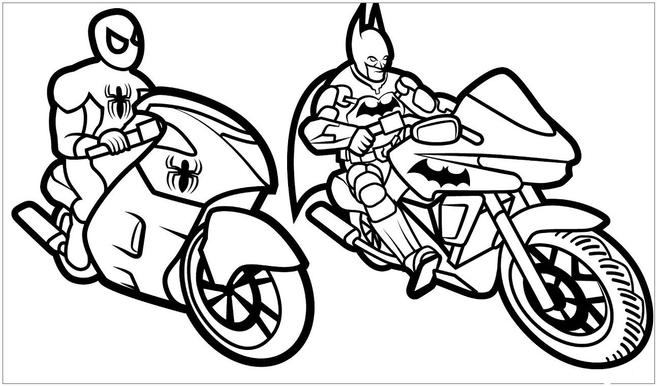Tranh tô màu người nhện và người dơi trên xe máy