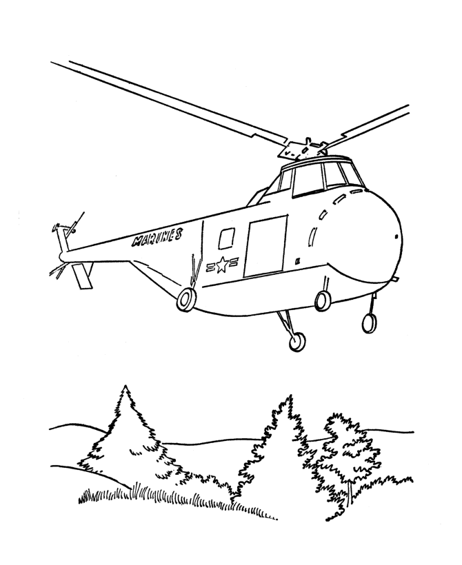 Tranh tô màu máy bay trực thăng quân sự đang bay