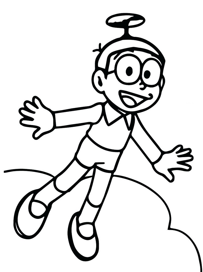 Tranh tô màu Nobita bay bằng chong chóng tre