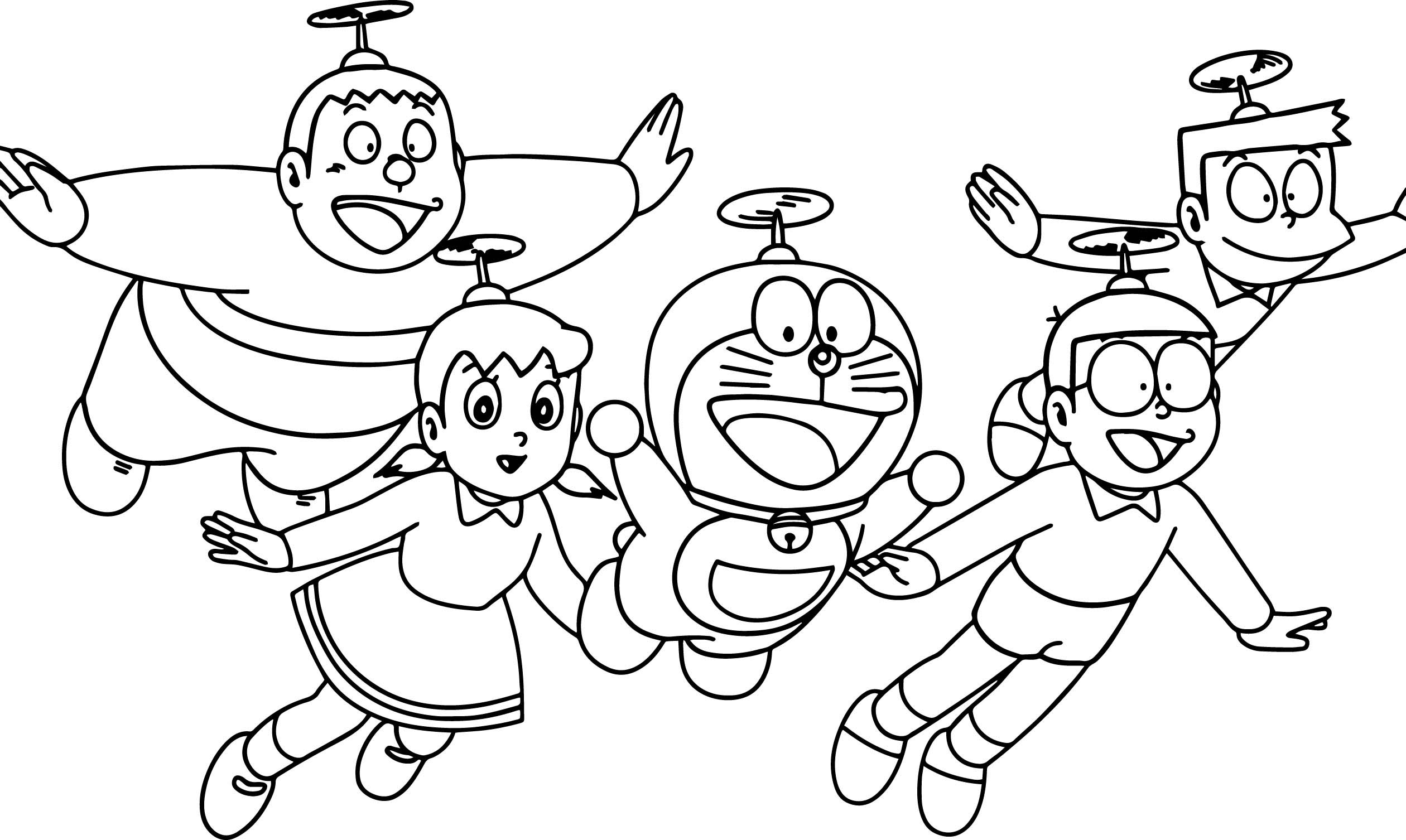 Tranh tô màu Nobita cùng những người bạn bay bằng chong chóng tre