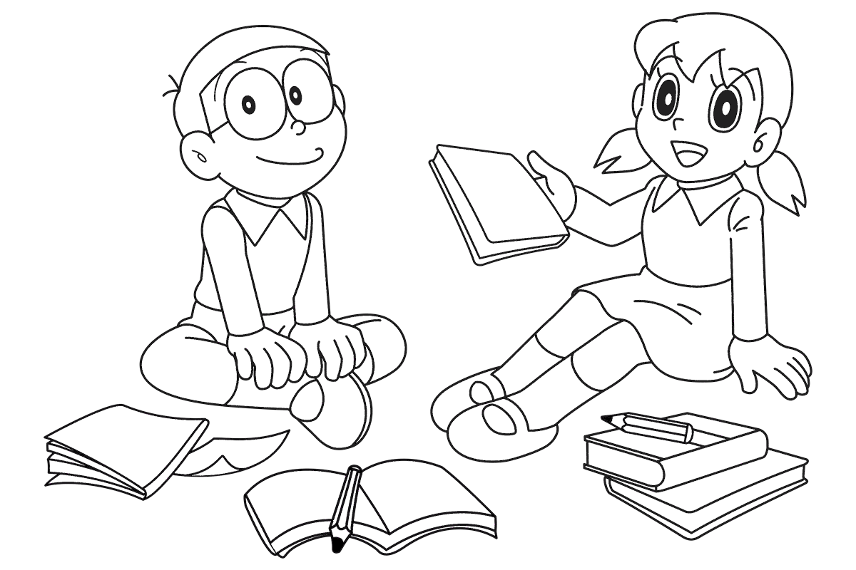 Tranh tô màu Nobita và Shizuka ngồi học