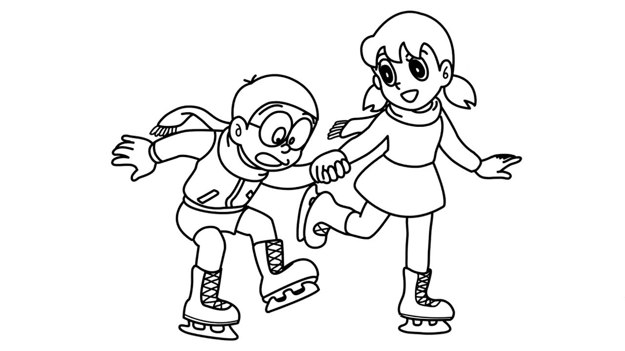 Tranh tô màu Nobita trượt băng cùng Xuka