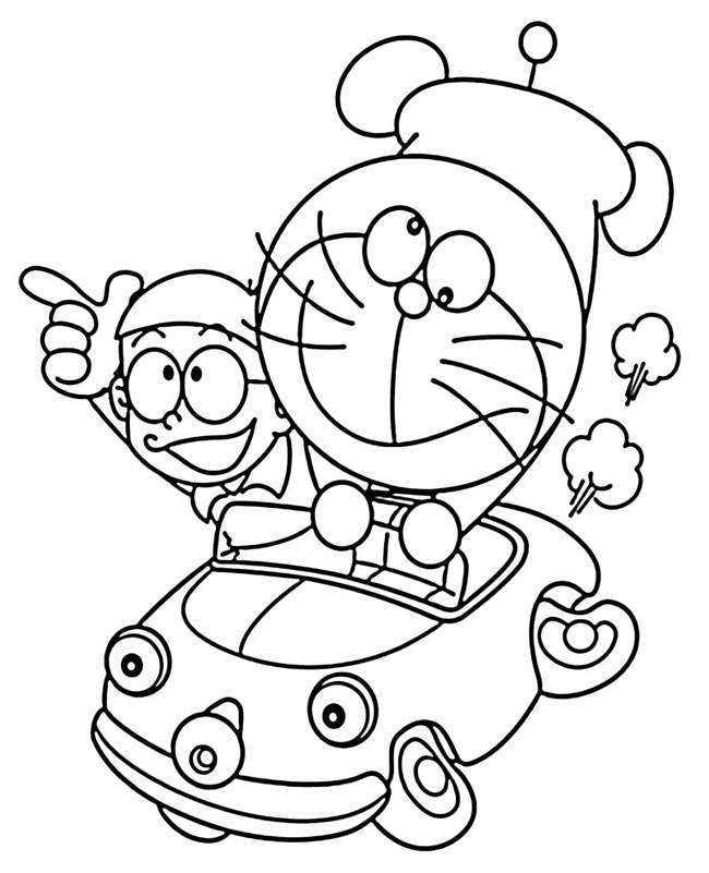Tranh tô màu Nobita và Doremon lái ô tô