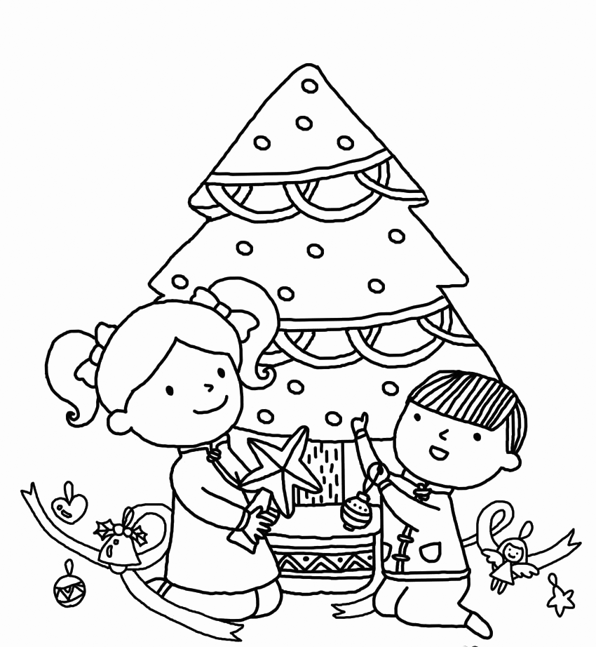 Trang màu cây thông Noel và trẻ em