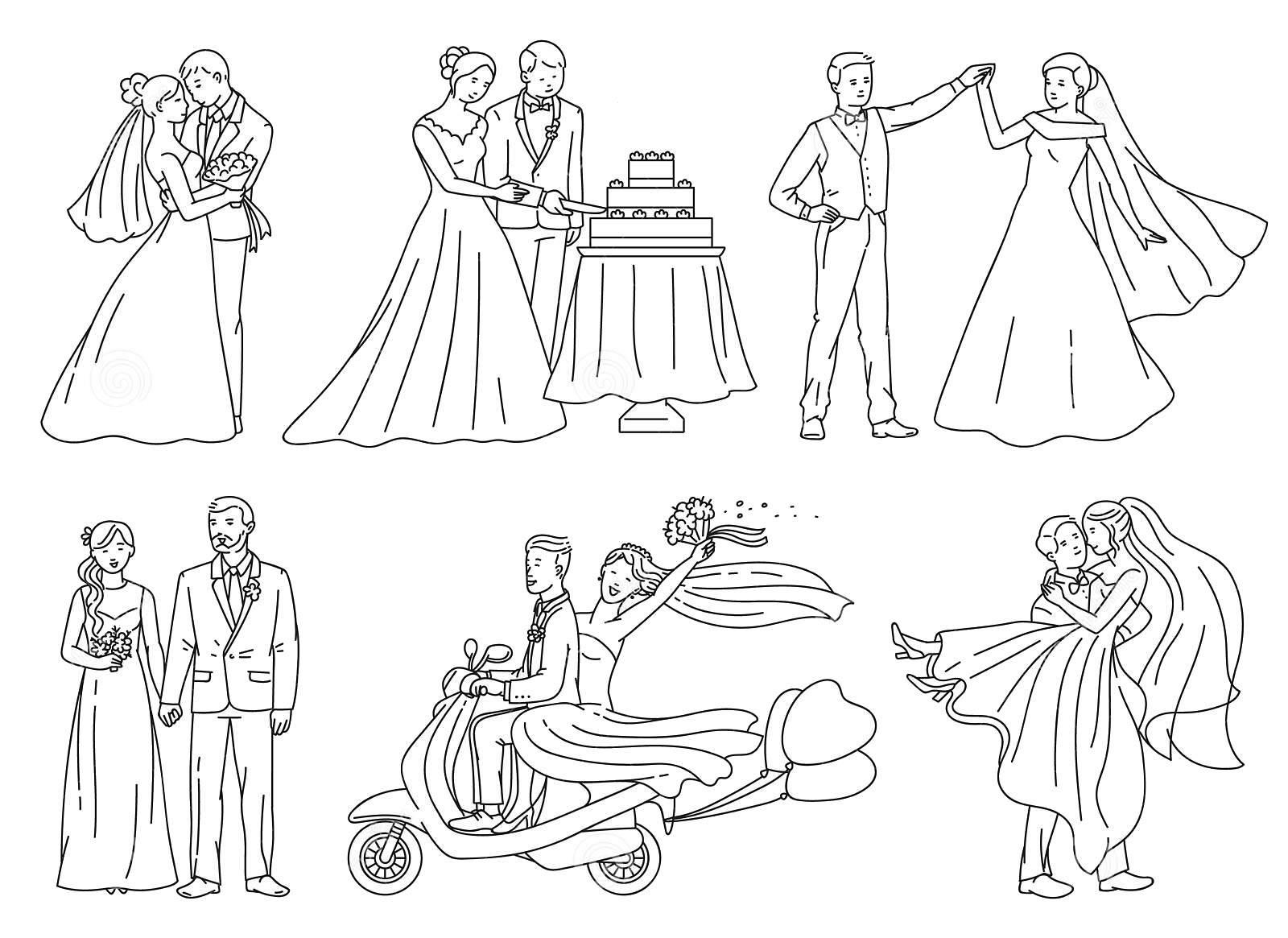 Bride and Groom on Wedding Day Coloring pages