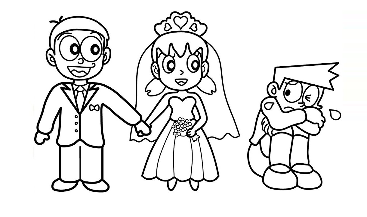 Tranh tô màu cô dâu Xuka và chú rể Nobita