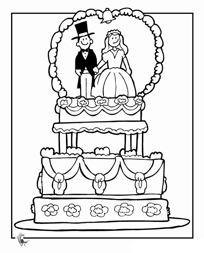 Tranh tô màu hình cô dâu chú rể trên chiếc bánh kem