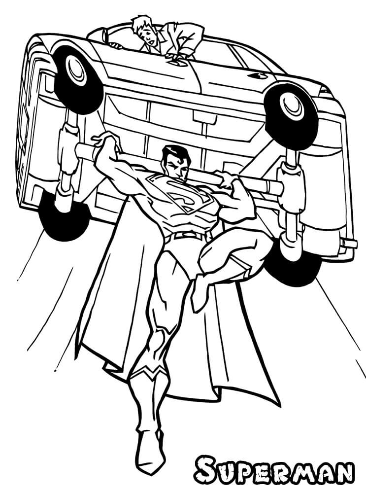 Tranh tô màu siêu nhân Superman nhấc bổng chiếc xe