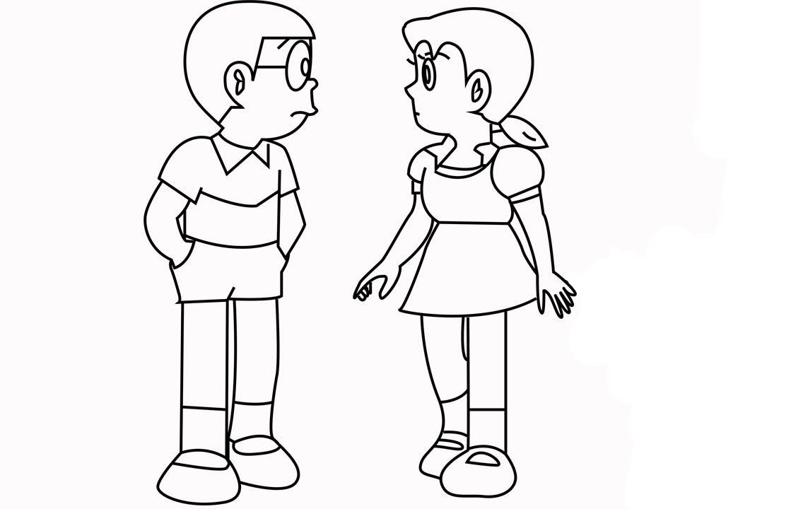 Tranh tô màu Xuka và Nobita nhìn nhau