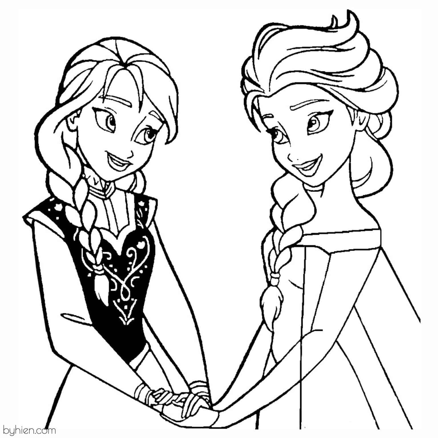 Tranh tô màu công chúa ELsa và Anna cầm tay nhau