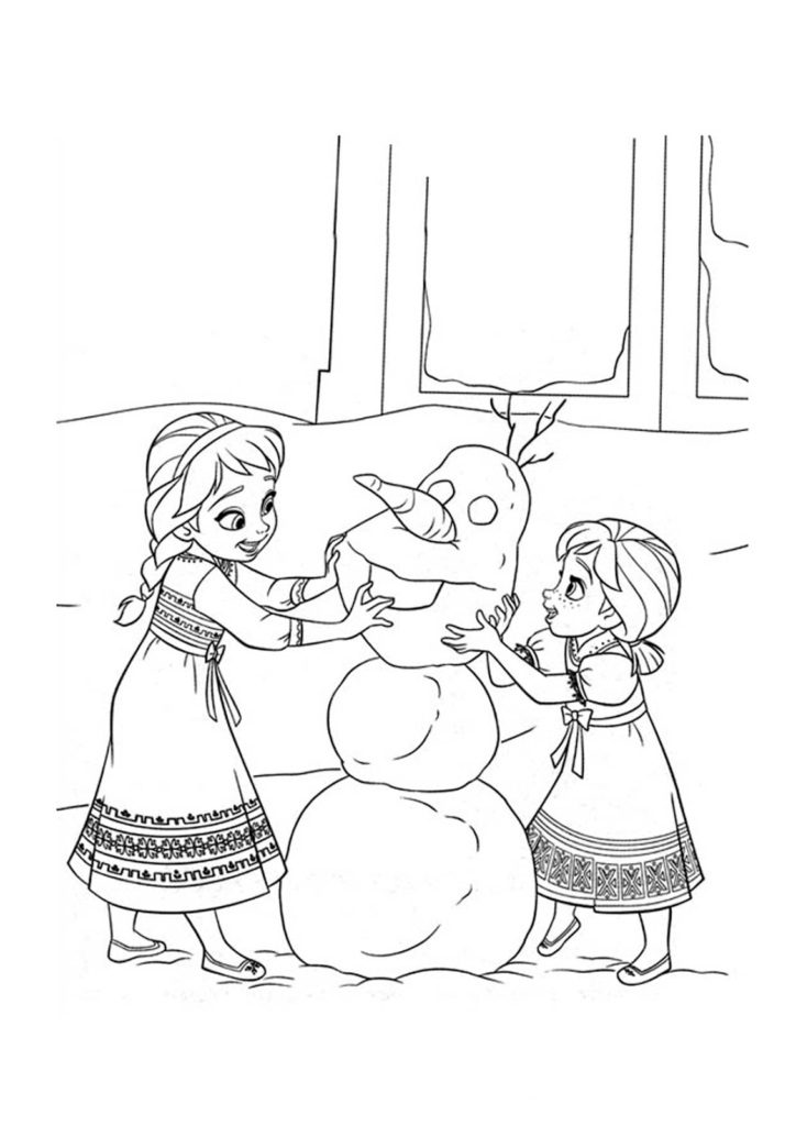 Tranh tô màu công chúa Elsa và Anna làm người tuyết