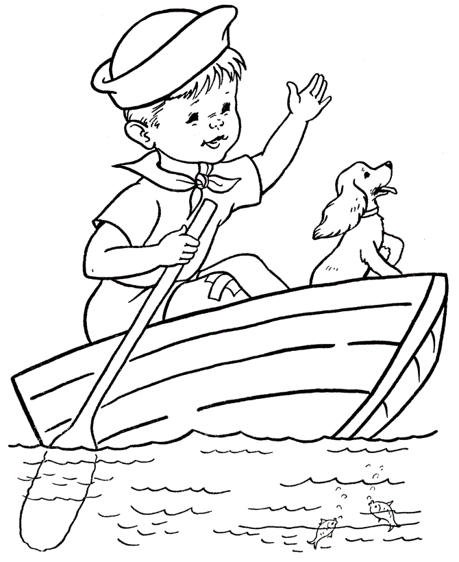 Tranh tô màu cậu bé đang chèo thuyền