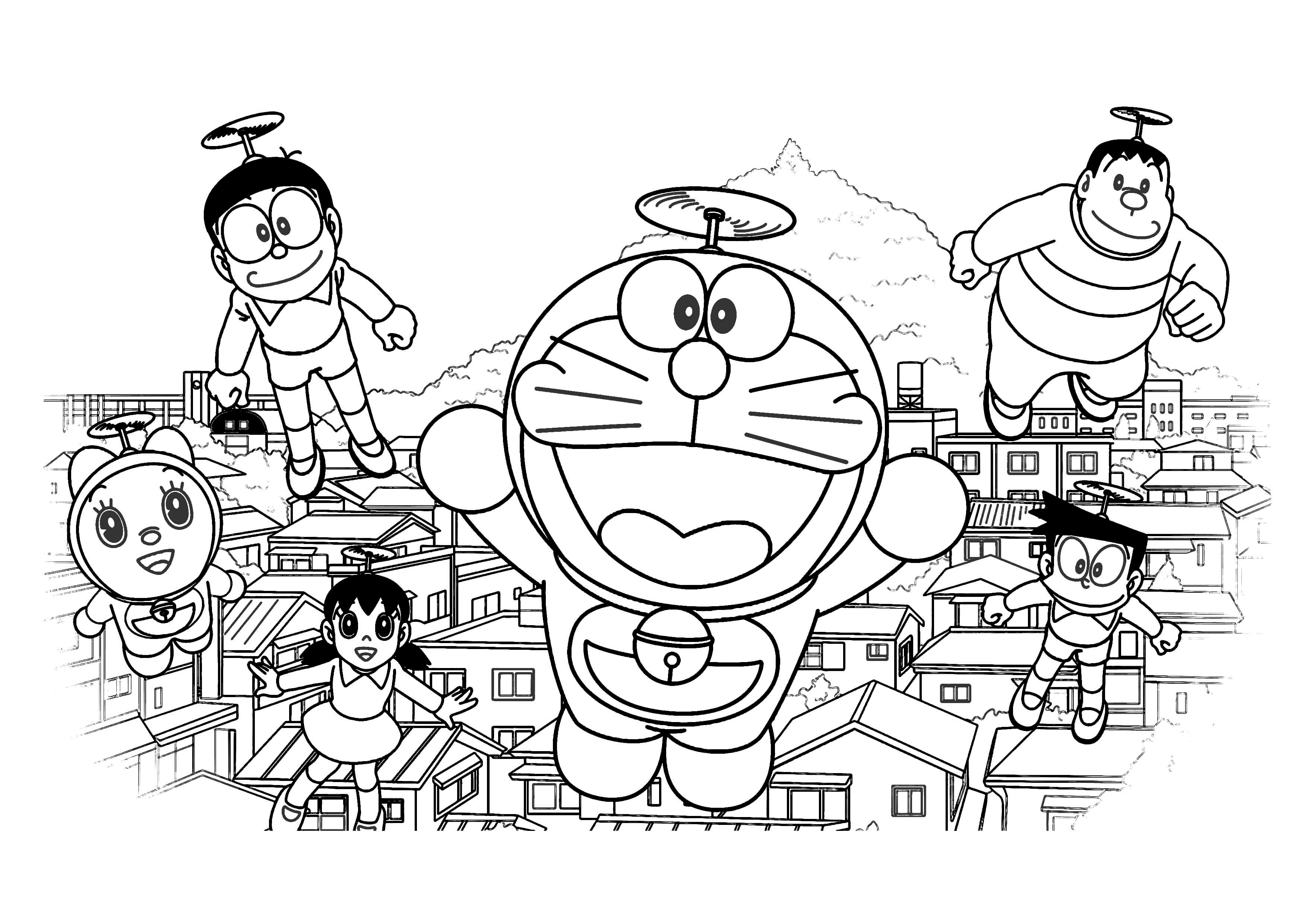 Tranh tô màu Doremon và Nobita bay bằng chong chóng tre