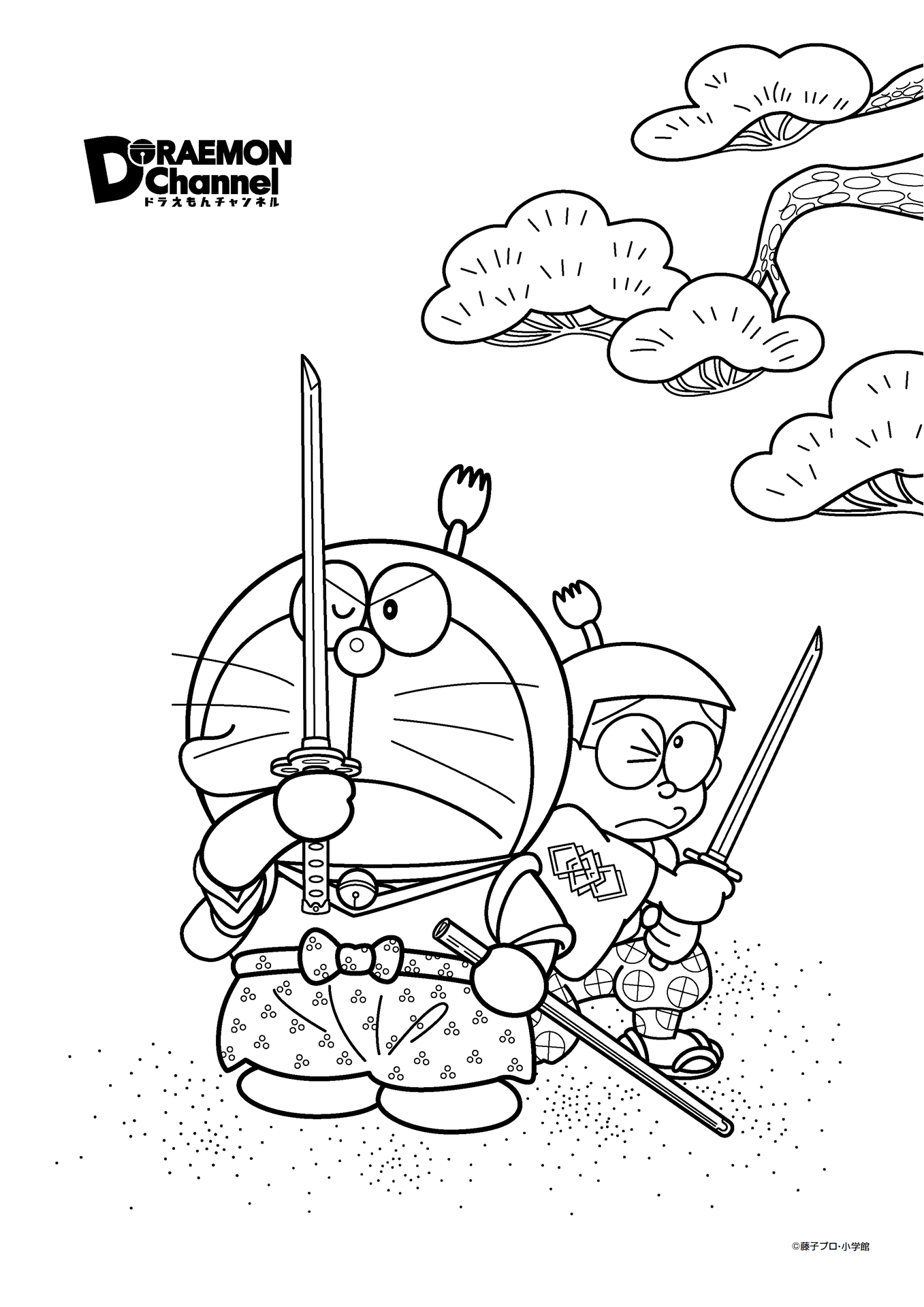 Tranh tô màu Doremon và Nobita cầm kiếm