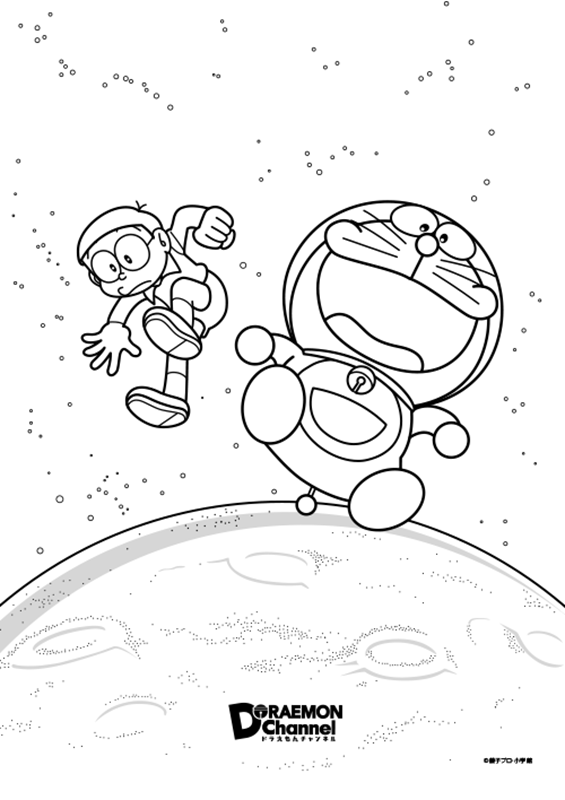 Tranh tô màu Doremon và Nobita đặt chân lên mặt trăng