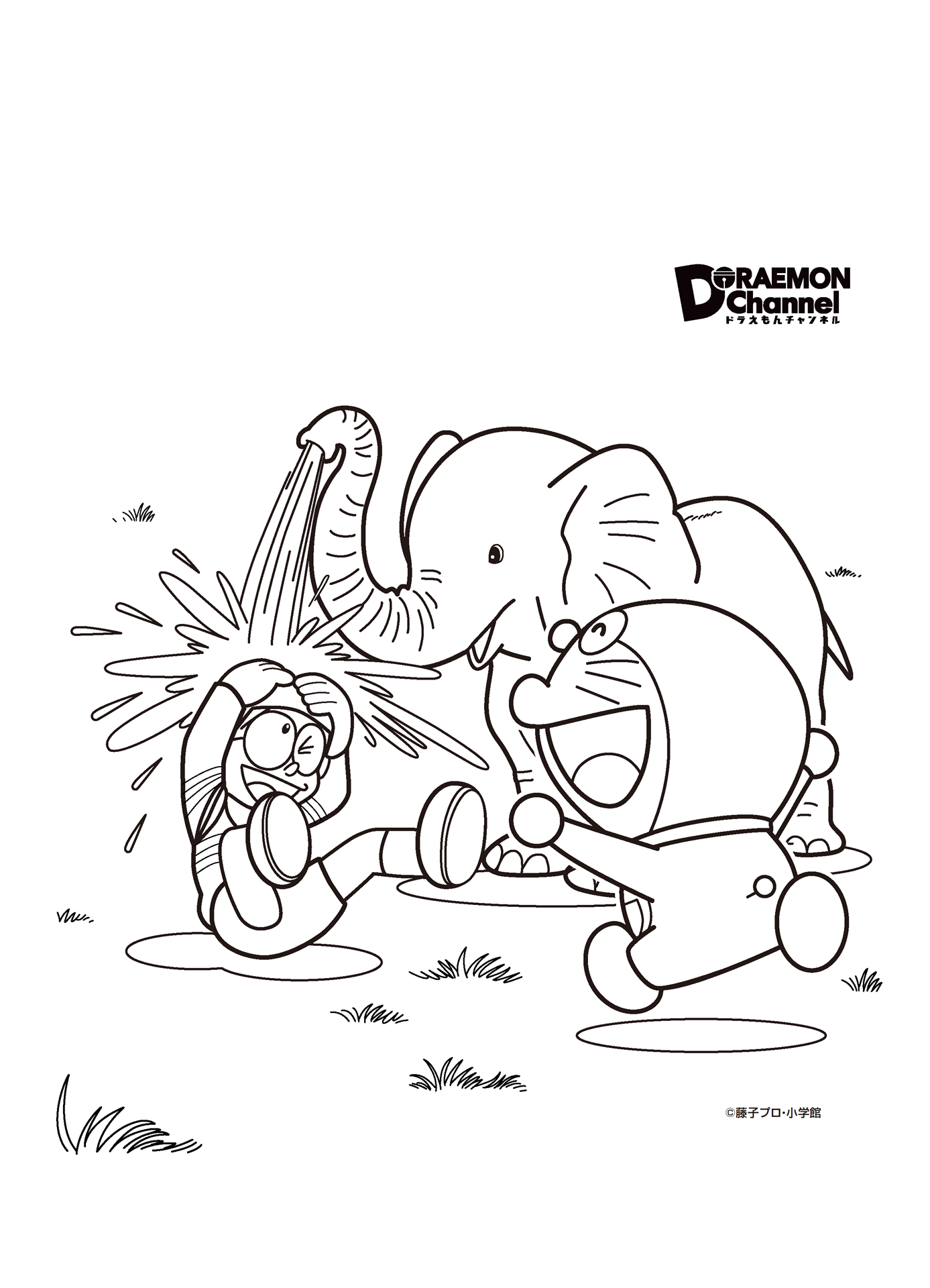 Tranh tô màu Nobita, Doremon và chú voi con tinh nghịch