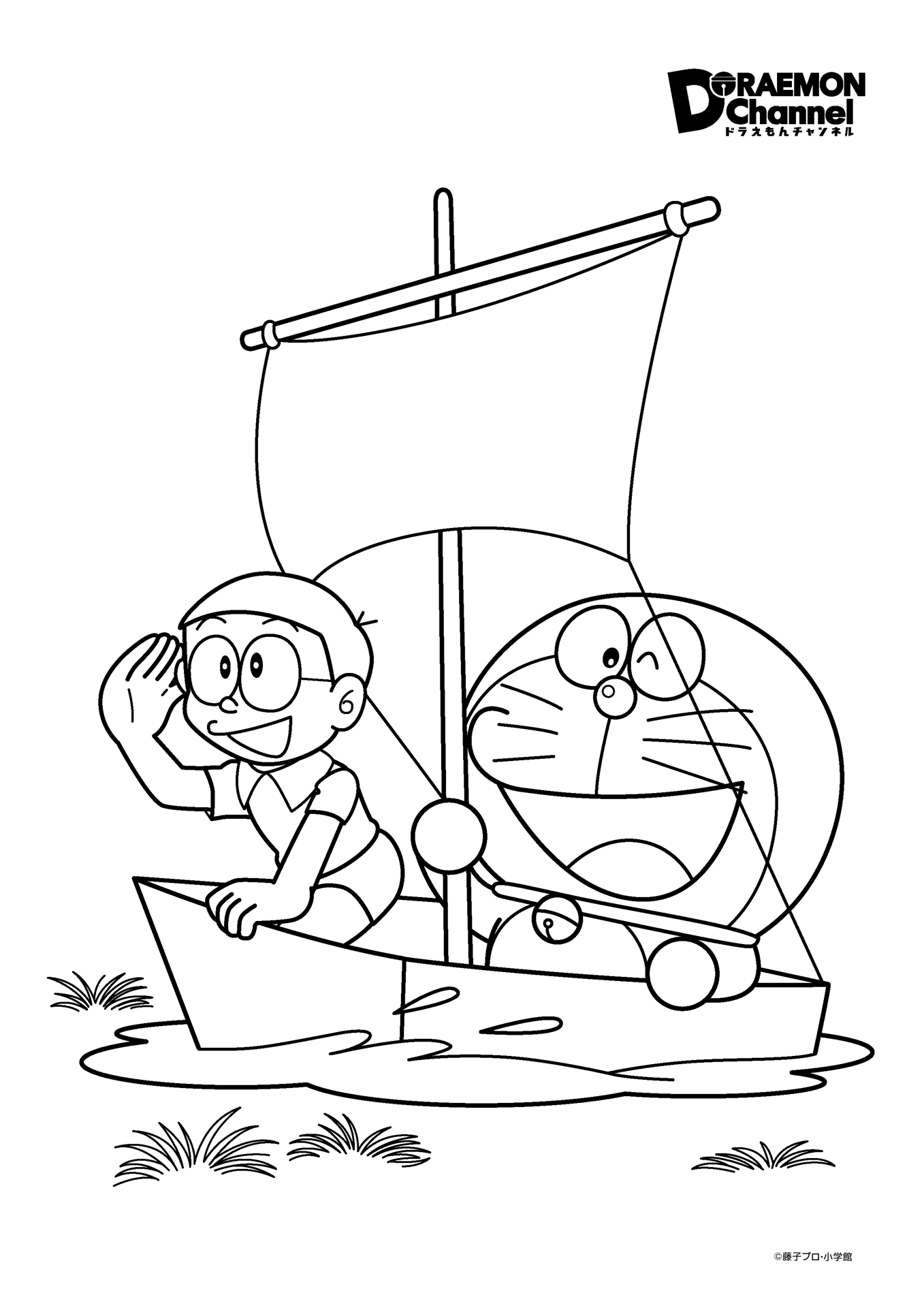 Tranh tô màu Nobita và Doremon chèo thuyền