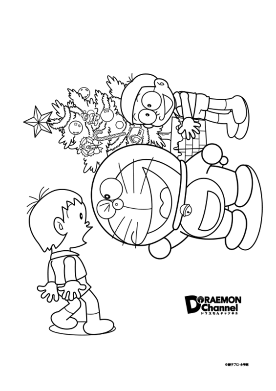 Tranh tô màu Nobita và Doremon tặng quà giáng sinh