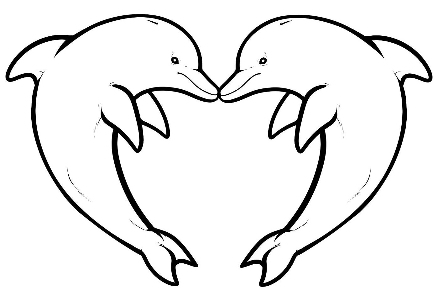 Tranh tô màu hai chú cá heo tạo hình trái tim