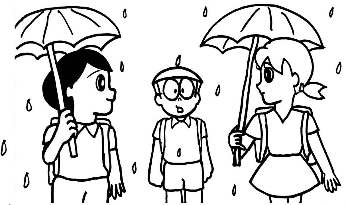 Tranh tô màu Shizuka đi dưới mưa