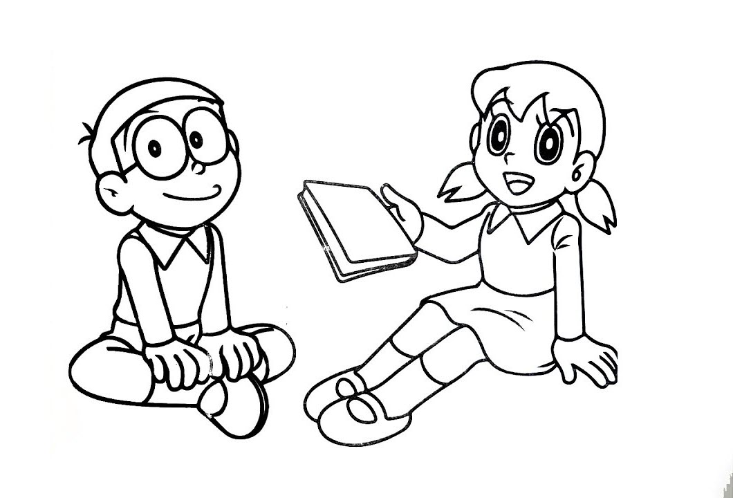 Tranh tô màu Shizuka và Nobita đang học bài