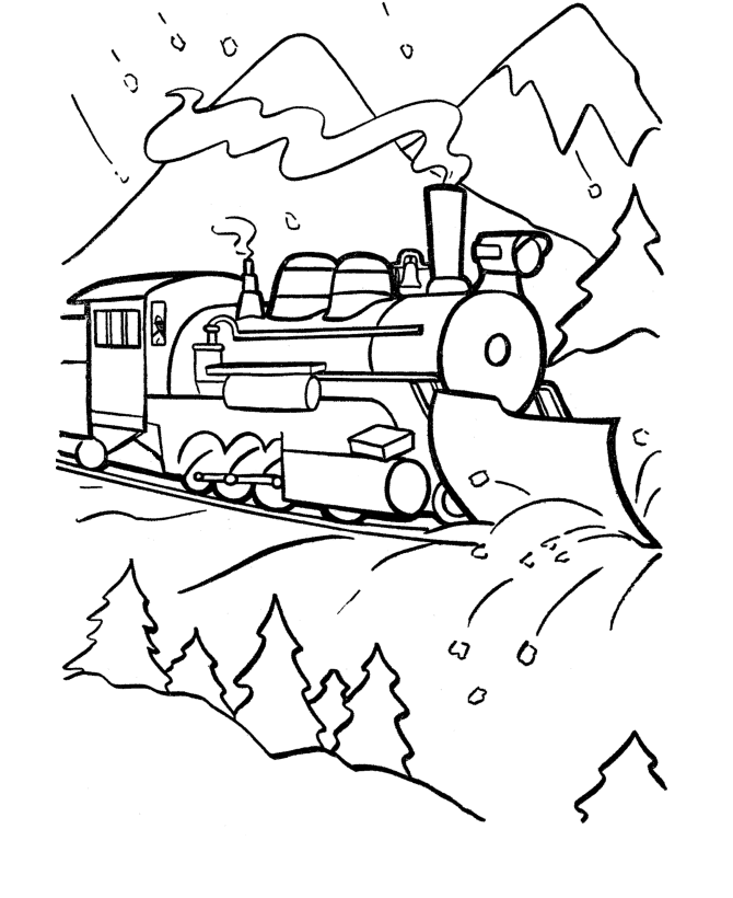 Tranh tô màu xe lửa băng qua vùng núi tuyết