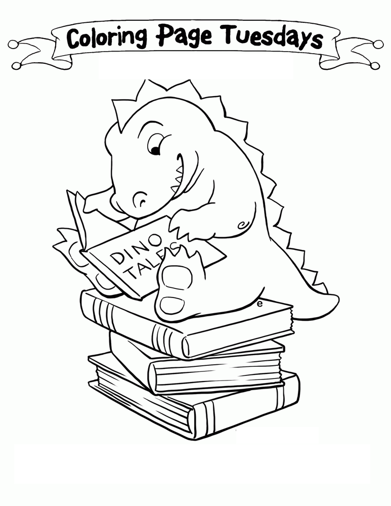 Tranh tô màu quyển sách và chú khủng long cute