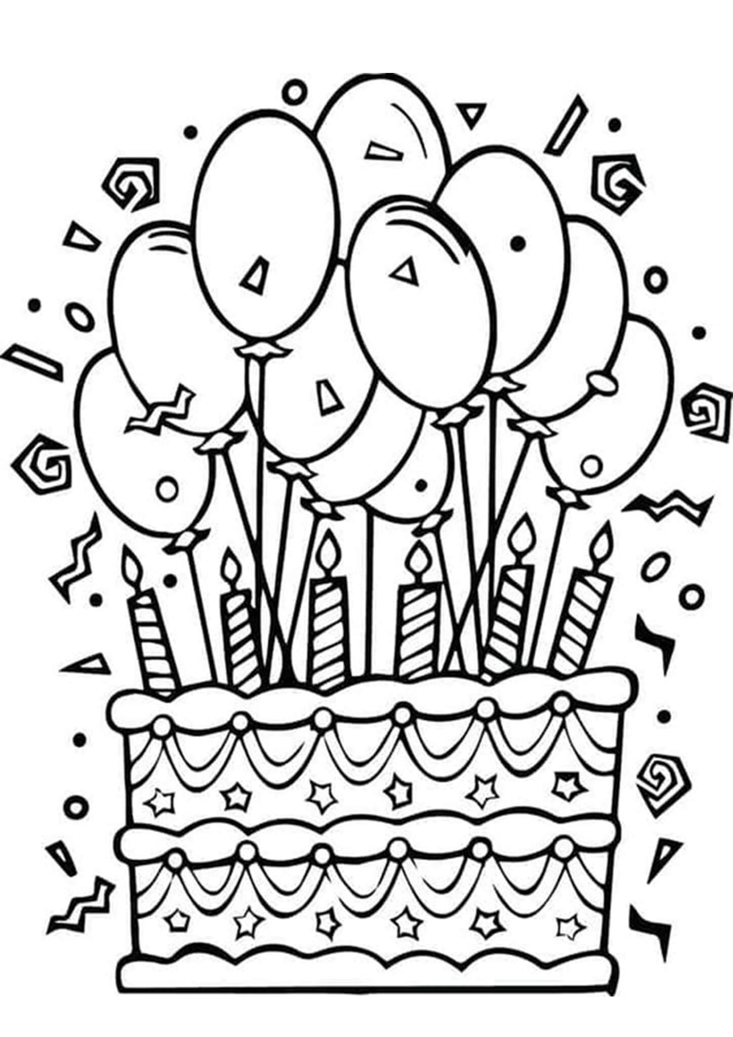 Tranh tô màu bóng bay và chiếc bánh sinh nhật