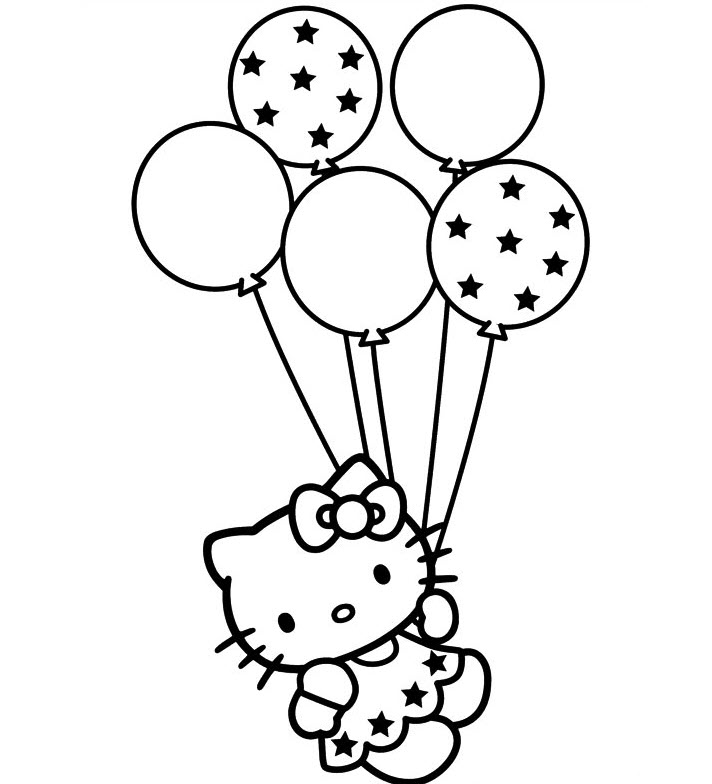 Tranh tô màu chú mèo Hello Kitty và những quả bóng bay