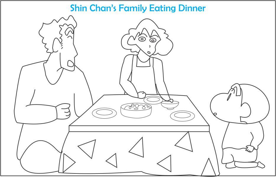Tranh tô màu Gia đình Shin bữa tối cậu bé bút chì