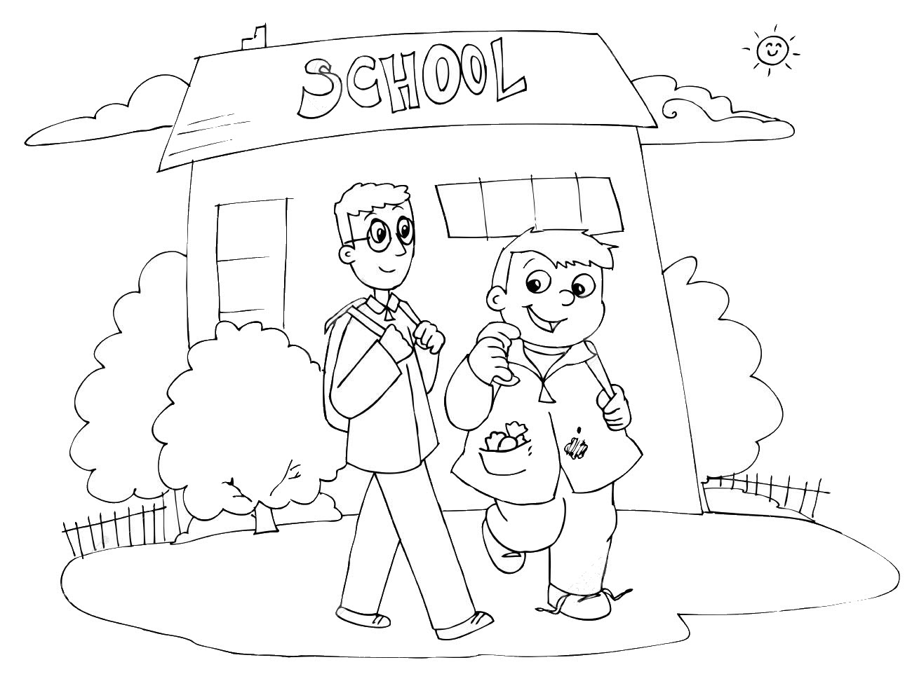 Tranh tô màu hai bé trai vui vẻ đến trường