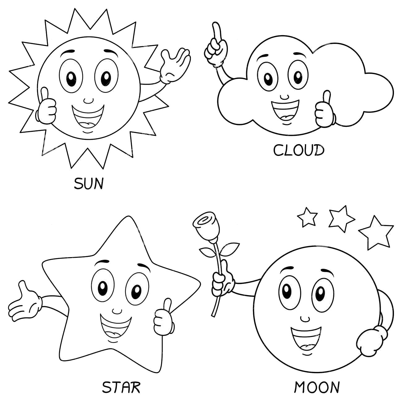 Tranh tô màu mặt trời, đám mây, mặt trăng và ngôi sao đơn giản dễ thương
