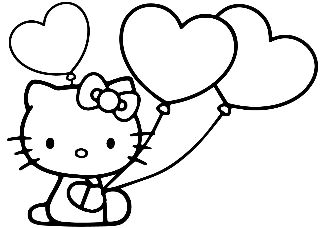 Tranh tô màu mèo Hello Kitty cầm bóng bay