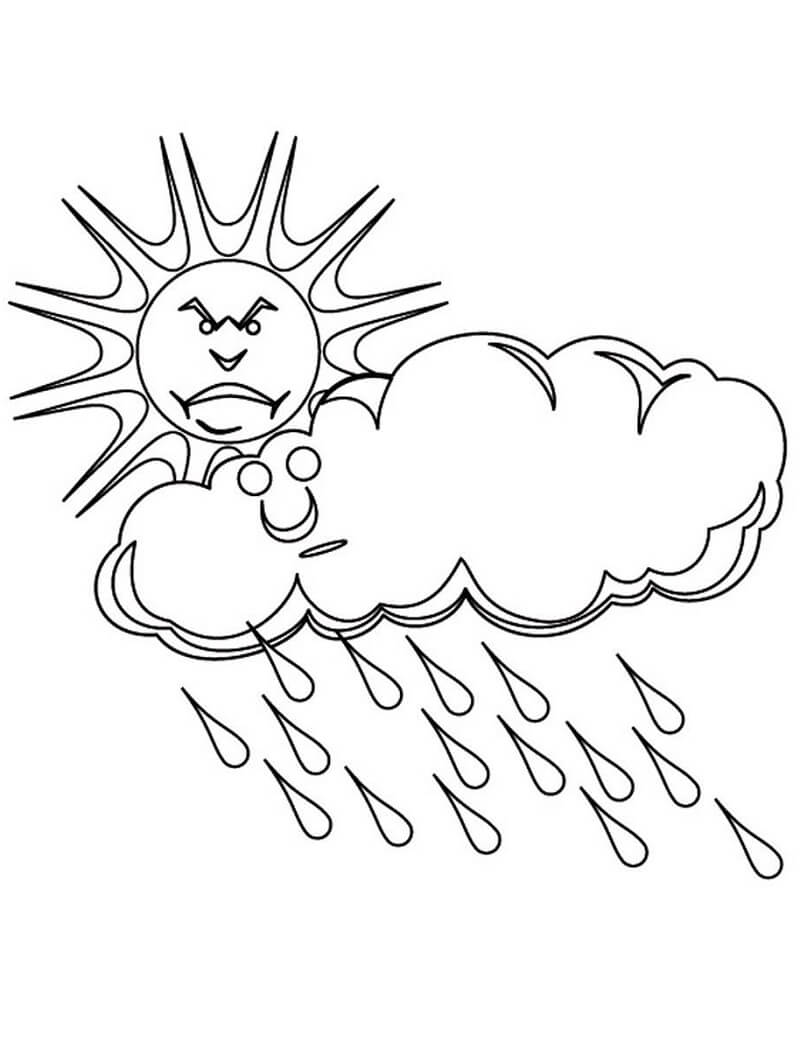 Tranh tô màu ông mặt trời tức giận cùng đám mây đổ mưa